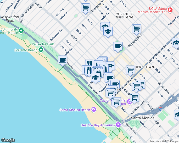map of restaurants, bars, coffee shops, grocery stores, and more near 101 Wilshire Boulevard in Santa Monica