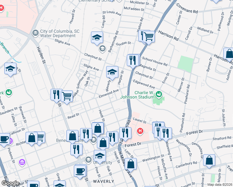map of restaurants, bars, coffee shops, grocery stores, and more near 2008 Willis Street in Columbia