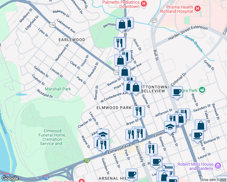 map of restaurants, bars, coffee shops, grocery stores, and more near 1027 Confederate Avenue in Columbia