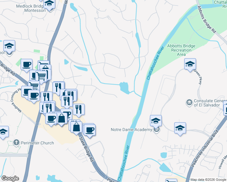 map of restaurants, bars, coffee shops, grocery stores, and more near 245 Southern Hill Drive in Duluth