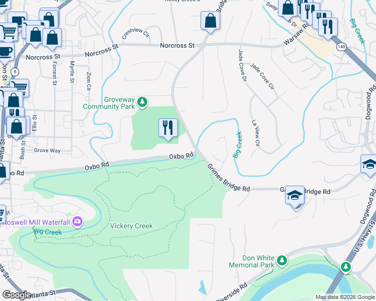 map of restaurants, bars, coffee shops, grocery stores, and more near 600 Oxbo Road in Roswell