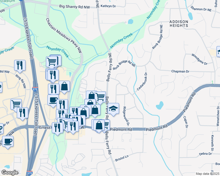 map of restaurants, bars, coffee shops, grocery stores, and more near 2791 Fern Valley Road in Marietta