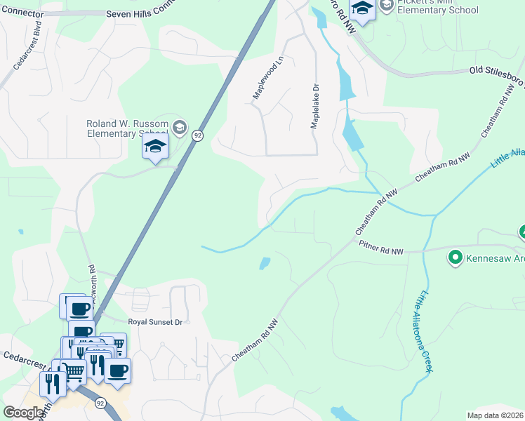 map of restaurants, bars, coffee shops, grocery stores, and more near 211 Highlander Way in Acworth