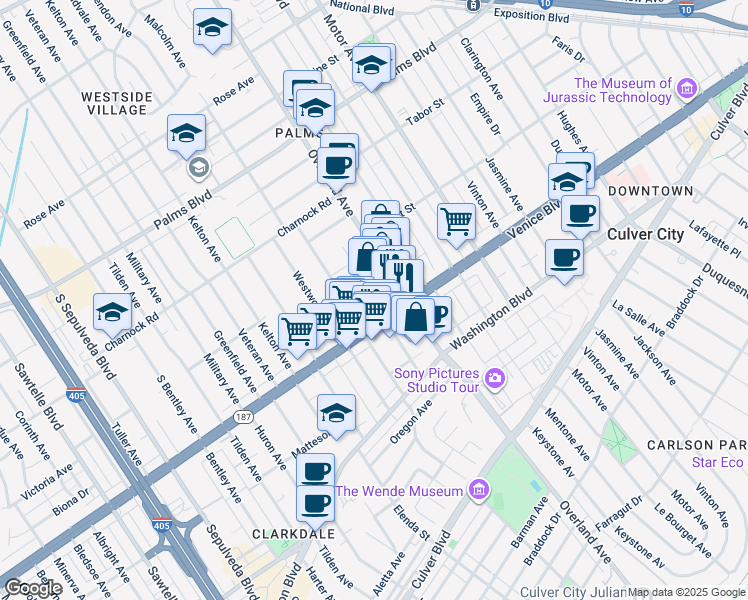 map of restaurants, bars, coffee shops, grocery stores, and more near 3780 Selby Avenue in Los Angeles