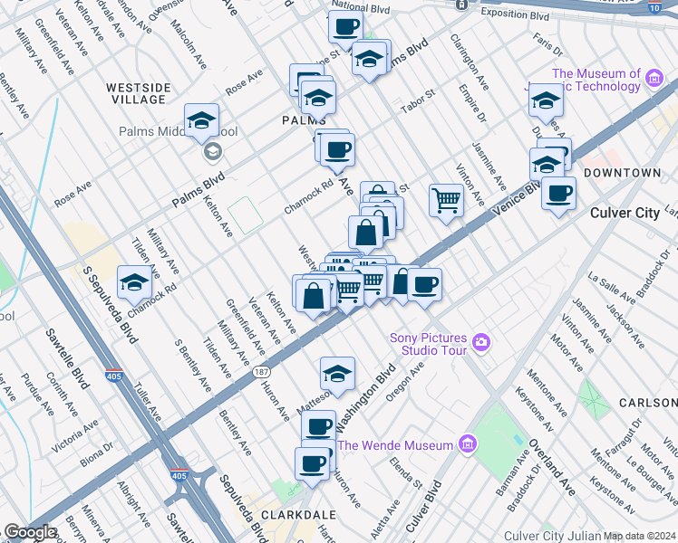 map of restaurants, bars, coffee shops, grocery stores, and more near 3731 Glendon Avenue in Los Angeles