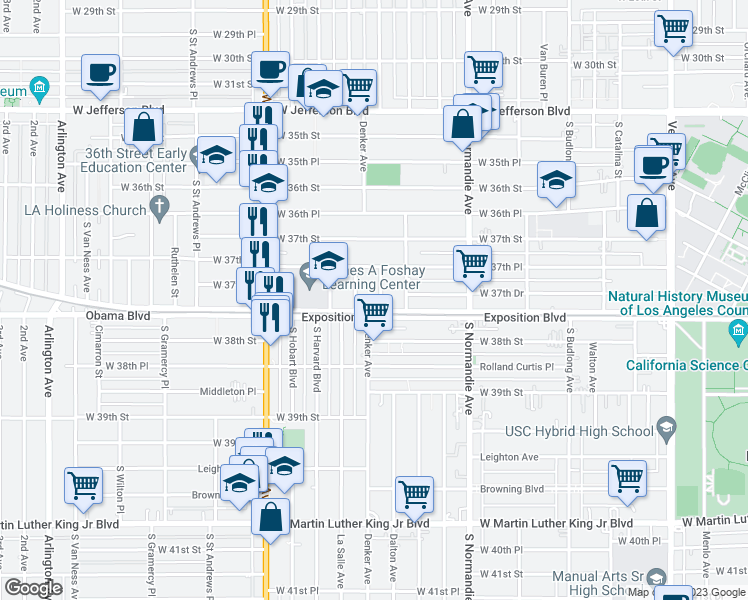 map of restaurants, bars, coffee shops, grocery stores, and more near 3761 Dalton Avenue in Los Angeles