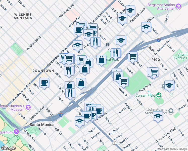 map of restaurants, bars, coffee shops, grocery stores, and more near 1030 Olympic Boulevard in Santa Monica