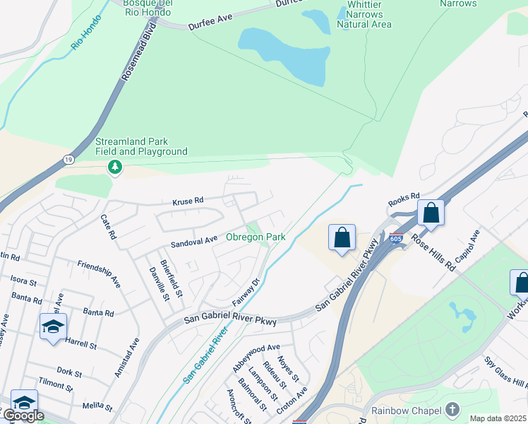 map of restaurants, bars, coffee shops, grocery stores, and more near 3255 Sandoval Avenue in Pico Rivera