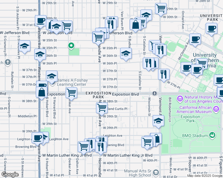 map of restaurants, bars, coffee shops, grocery stores, and more near 1251 West Exposition Boulevard in Los Angeles