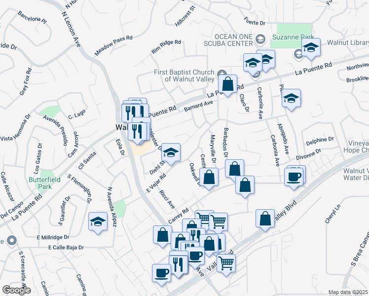 map of restaurants, bars, coffee shops, grocery stores, and more near 20302 Julliard Drive in Walnut