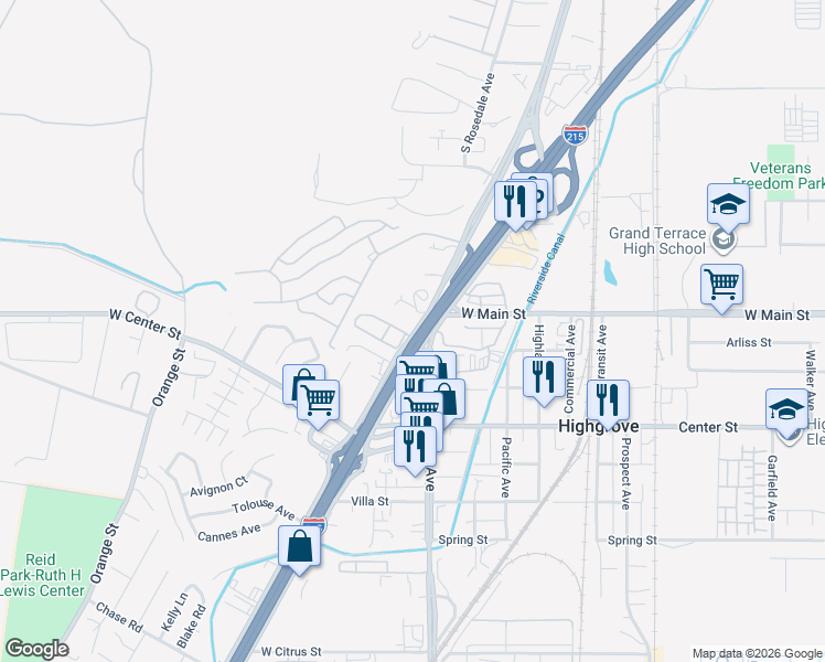 map of restaurants, bars, coffee shops, grocery stores, and more near 103 West La Cadena Drive in Riverside