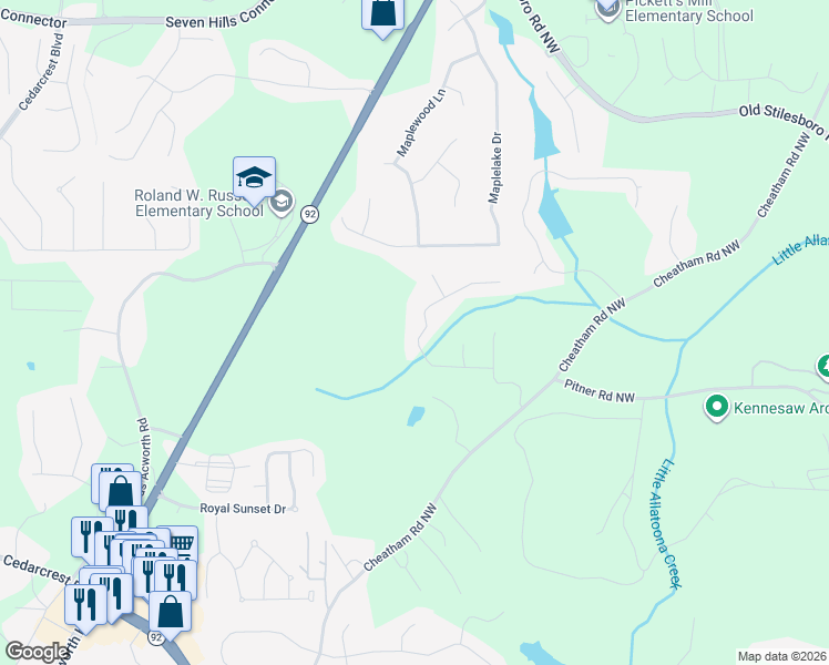 map of restaurants, bars, coffee shops, grocery stores, and more near 211 Highlander Way in Acworth