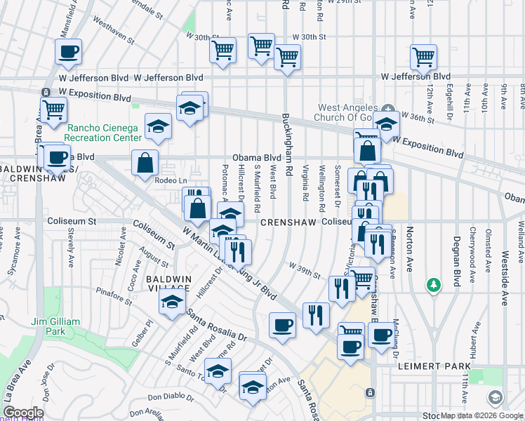 map of restaurants, bars, coffee shops, grocery stores, and more near 3759 Muirfield Road South in Los Angeles