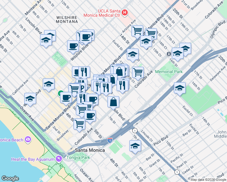 map of restaurants, bars, coffee shops, grocery stores, and more near 1513 9th Street in Santa Monica