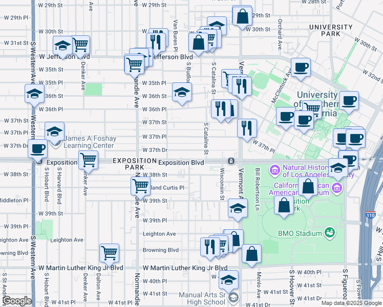 map of restaurants, bars, coffee shops, grocery stores, and more near 1234 West 37th Drive in Los Angeles