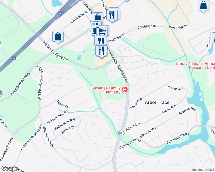 map of restaurants, bars, coffee shops, grocery stores, and more near 2950 Richmond Row Drive in Suwanee