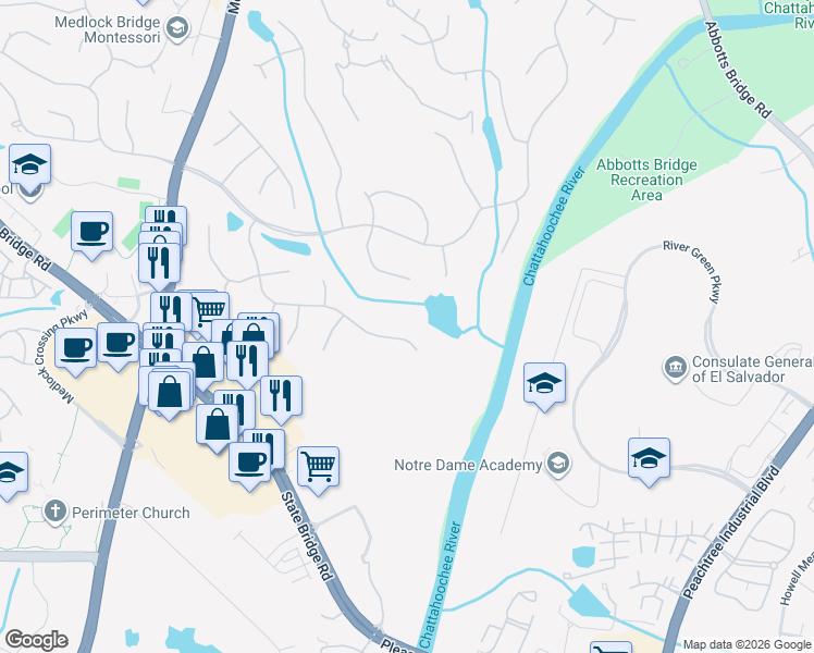 map of restaurants, bars, coffee shops, grocery stores, and more near 245 Southern Hill Dr in Duluth