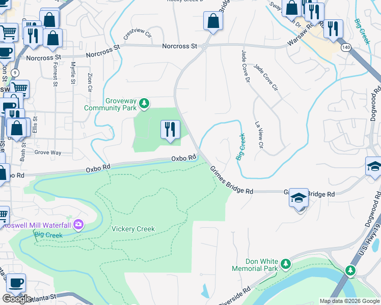 map of restaurants, bars, coffee shops, grocery stores, and more near 600 Oxbo Road in Roswell