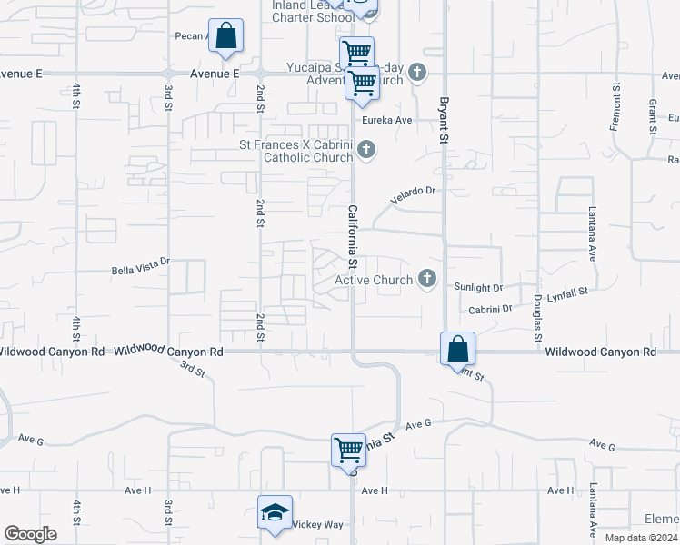 map of restaurants, bars, coffee shops, grocery stores, and more near 12874 California Street in Yucaipa
