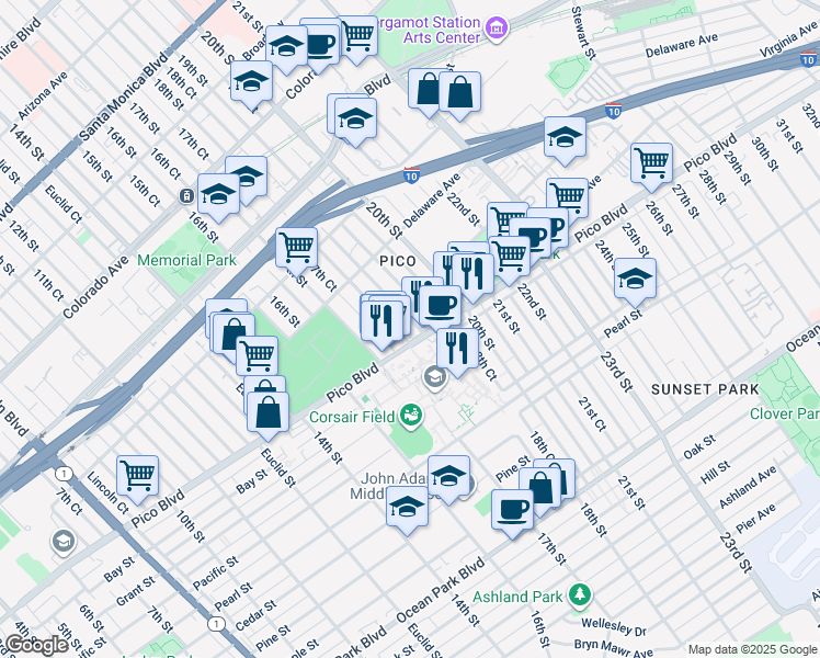 map of restaurants, bars, coffee shops, grocery stores, and more near 1639 18th Street in Santa Monica
