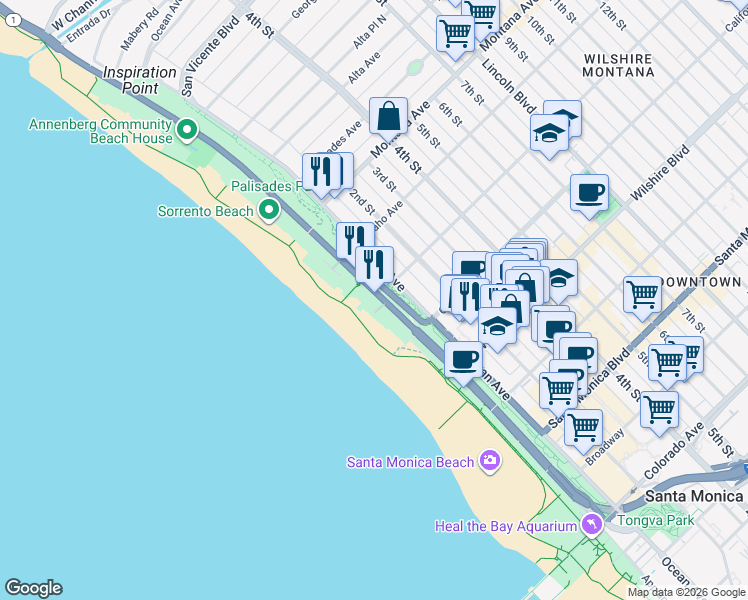 map of restaurants, bars, coffee shops, grocery stores, and more near 964 Palisades Beach Road in Santa Monica