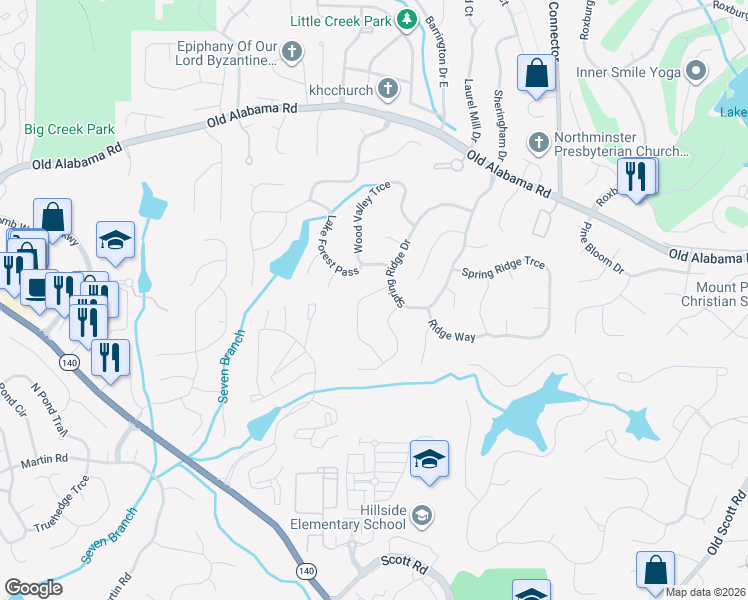 map of restaurants, bars, coffee shops, grocery stores, and more near 610 Springview Court in Roswell