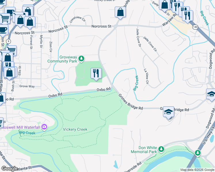map of restaurants, bars, coffee shops, grocery stores, and more near 600 Oxbo Road in Roswell