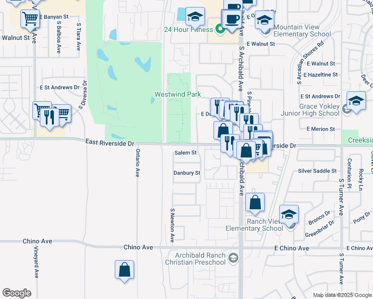 map of restaurants, bars, coffee shops, grocery stores, and more near 2452 Salem Street in Ontario