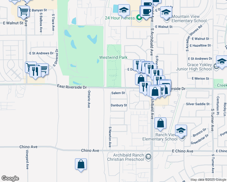 map of restaurants, bars, coffee shops, grocery stores, and more near 2447 Salem Street in Ontario