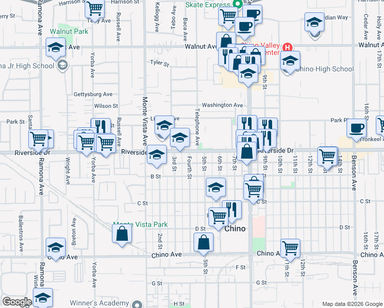map of restaurants, bars, coffee shops, grocery stores, and more near 12924 Fourth Street in Chino