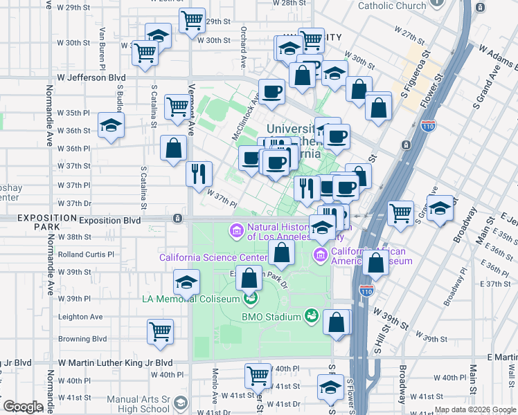 map of restaurants, bars, coffee shops, grocery stores, and more near 823 Exposition Boulevard in Los Angeles
