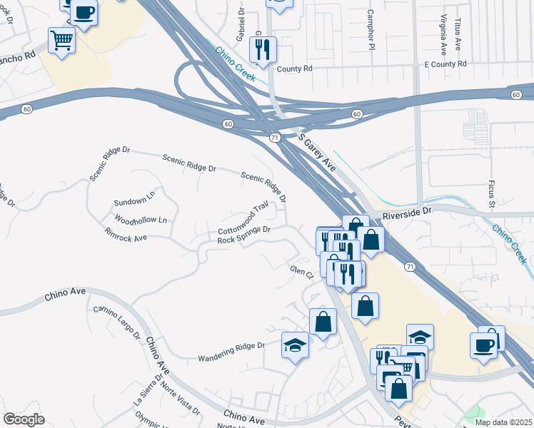 map of restaurants, bars, coffee shops, grocery stores, and more near 12948 Saratoga Place in Chino Hills