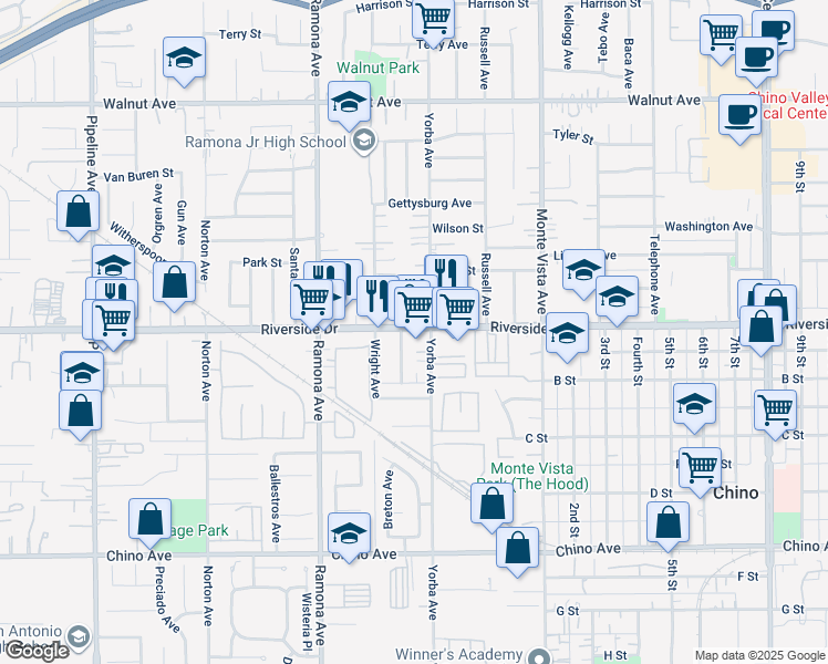 map of restaurants, bars, coffee shops, grocery stores, and more near 4657 Riverside Drive in Chino