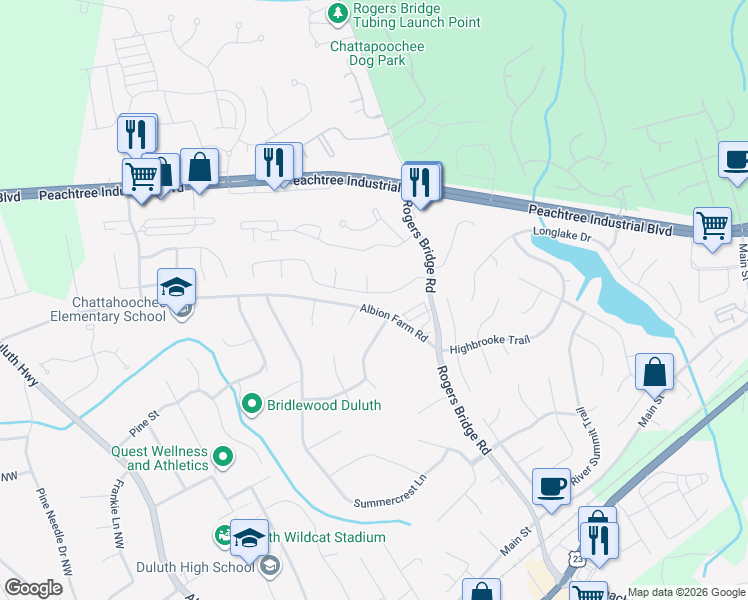 map of restaurants, bars, coffee shops, grocery stores, and more near 2730 Towne Village Drive Northwest in Duluth