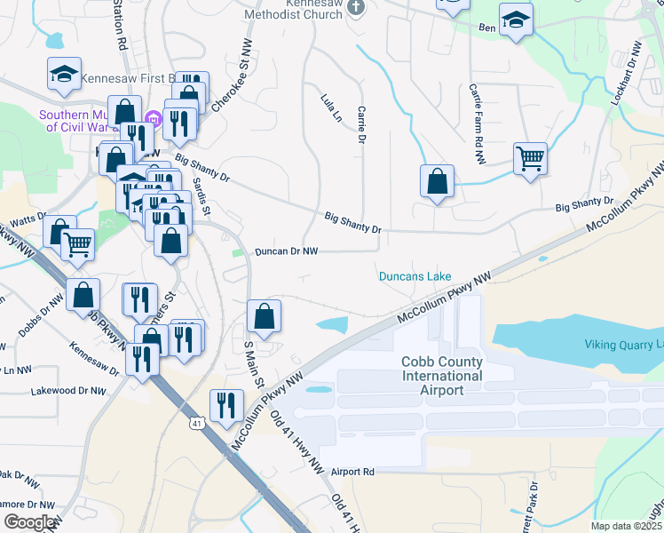 map of restaurants, bars, coffee shops, grocery stores, and more near 1837-1899 Duncan Drive Northwest in Kennesaw