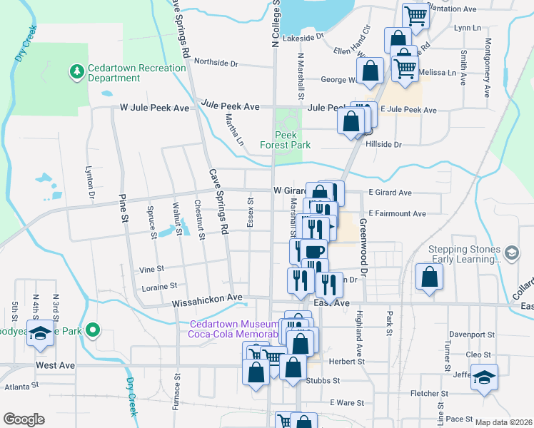 map of restaurants, bars, coffee shops, grocery stores, and more near 311 North College Street in Cedartown