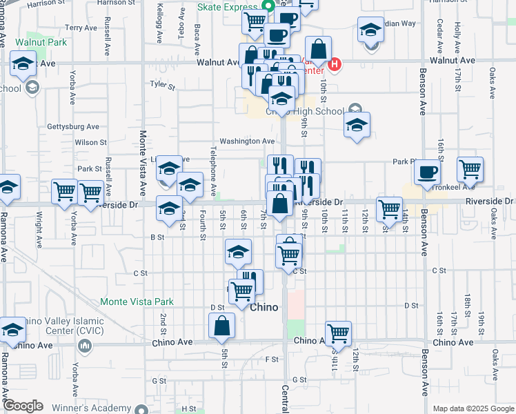 map of restaurants, bars, coffee shops, grocery stores, and more near 12931 6th Street in Chino