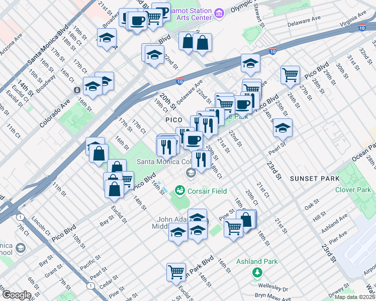 map of restaurants, bars, coffee shops, grocery stores, and more near 1819 Pico Boulevard in Santa Monica