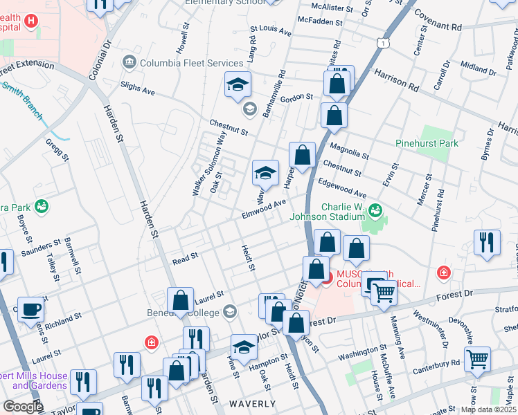map of restaurants, bars, coffee shops, grocery stores, and more near 2422 Elmwood Avenue in Columbia