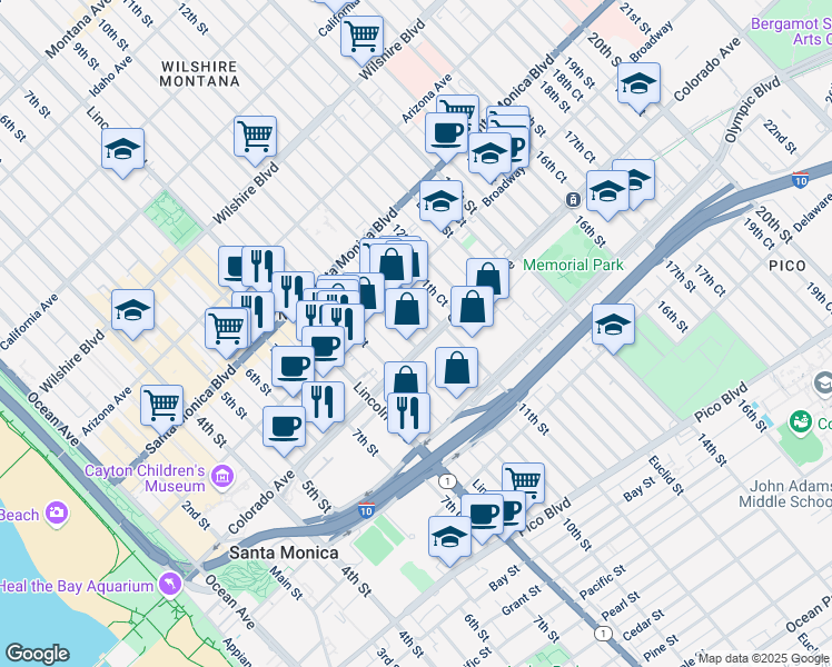 map of restaurants, bars, coffee shops, grocery stores, and more near 1001 Colorado Avenue in Santa Monica