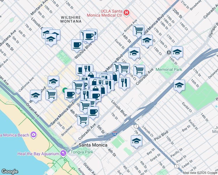 map of restaurants, bars, coffee shops, grocery stores, and more near 1447 Lincoln Boulevard in Santa Monica
