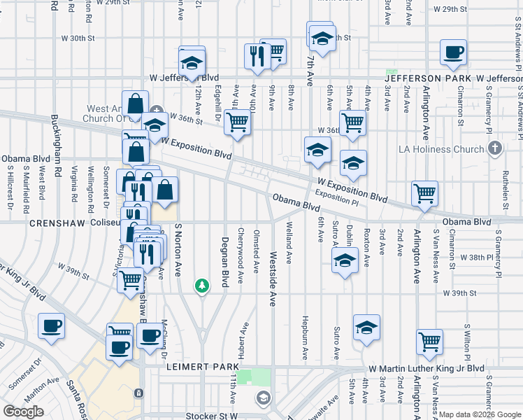 map of restaurants, bars, coffee shops, grocery stores, and more near 3726 Olmsted Avenue in Los Angeles