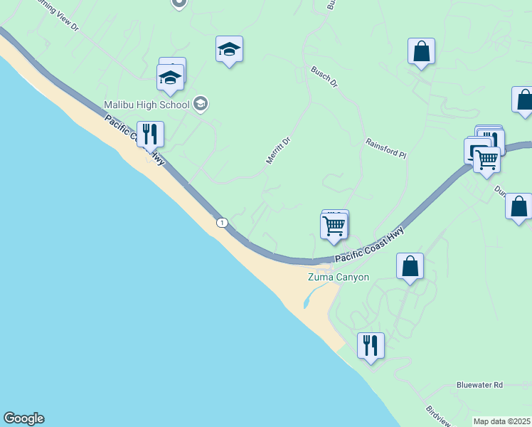 map of restaurants, bars, coffee shops, grocery stores, and more near 29740 Baden Place in Malibu