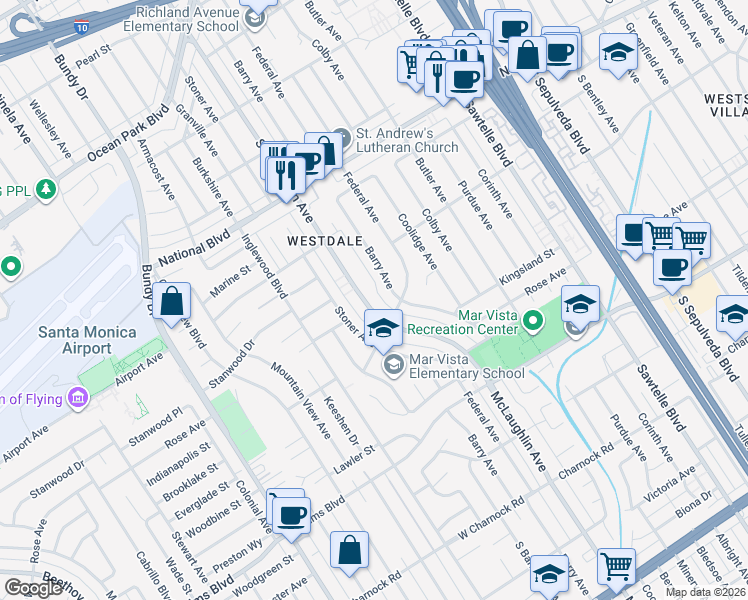 map of restaurants, bars, coffee shops, grocery stores, and more near 3245 South Barrington Avenue in Los Angeles