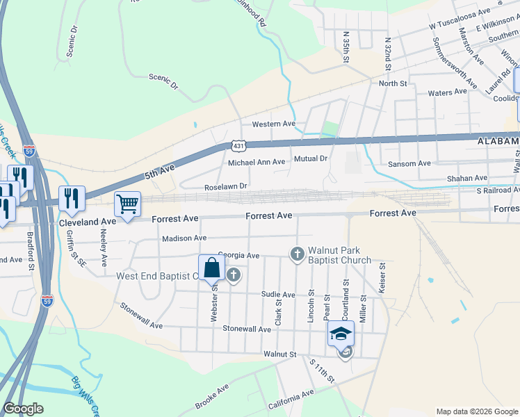 map of restaurants, bars, coffee shops, grocery stores, and more near 3328 Forrest Avenue in Gadsden