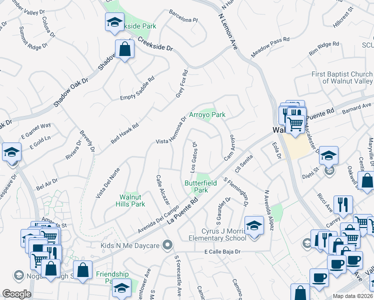 map of restaurants, bars, coffee shops, grocery stores, and more near 446 San Roque Drive in Walnut