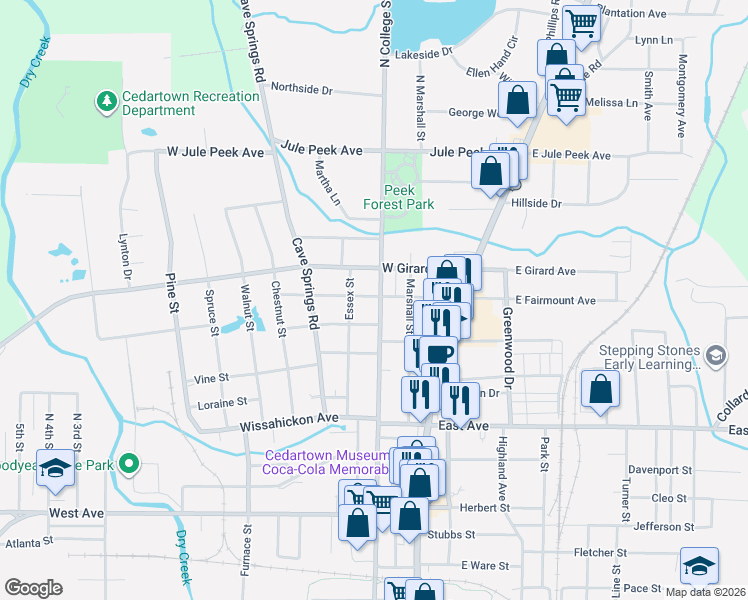 map of restaurants, bars, coffee shops, grocery stores, and more near 311 North College Street in Cedartown