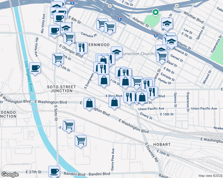 map of restaurants, bars, coffee shops, grocery stores, and more near 3141 E 12th St in Los Angeles