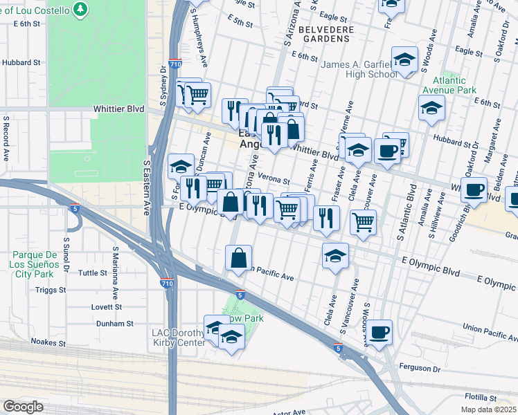 map of restaurants, bars, coffee shops, grocery stores, and more near 1123 South Kern Avenue in East Los Angeles