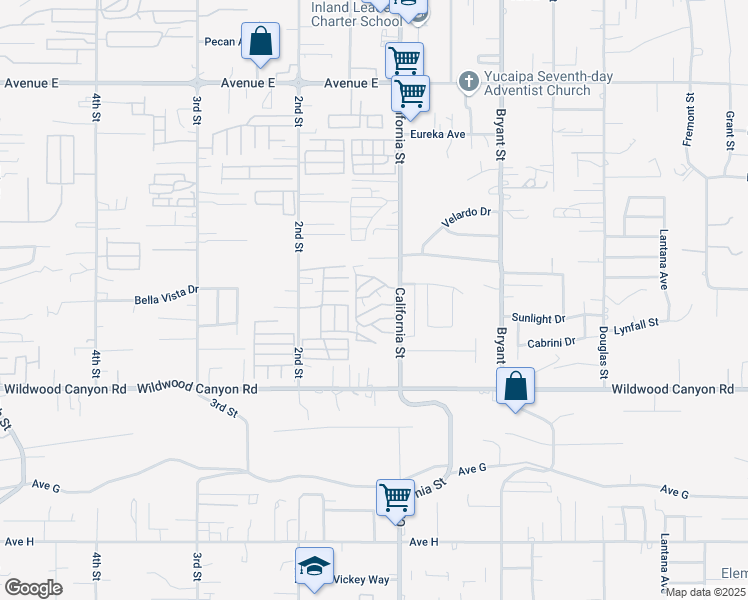 map of restaurants, bars, coffee shops, grocery stores, and more near 12874 California Street in Yucaipa